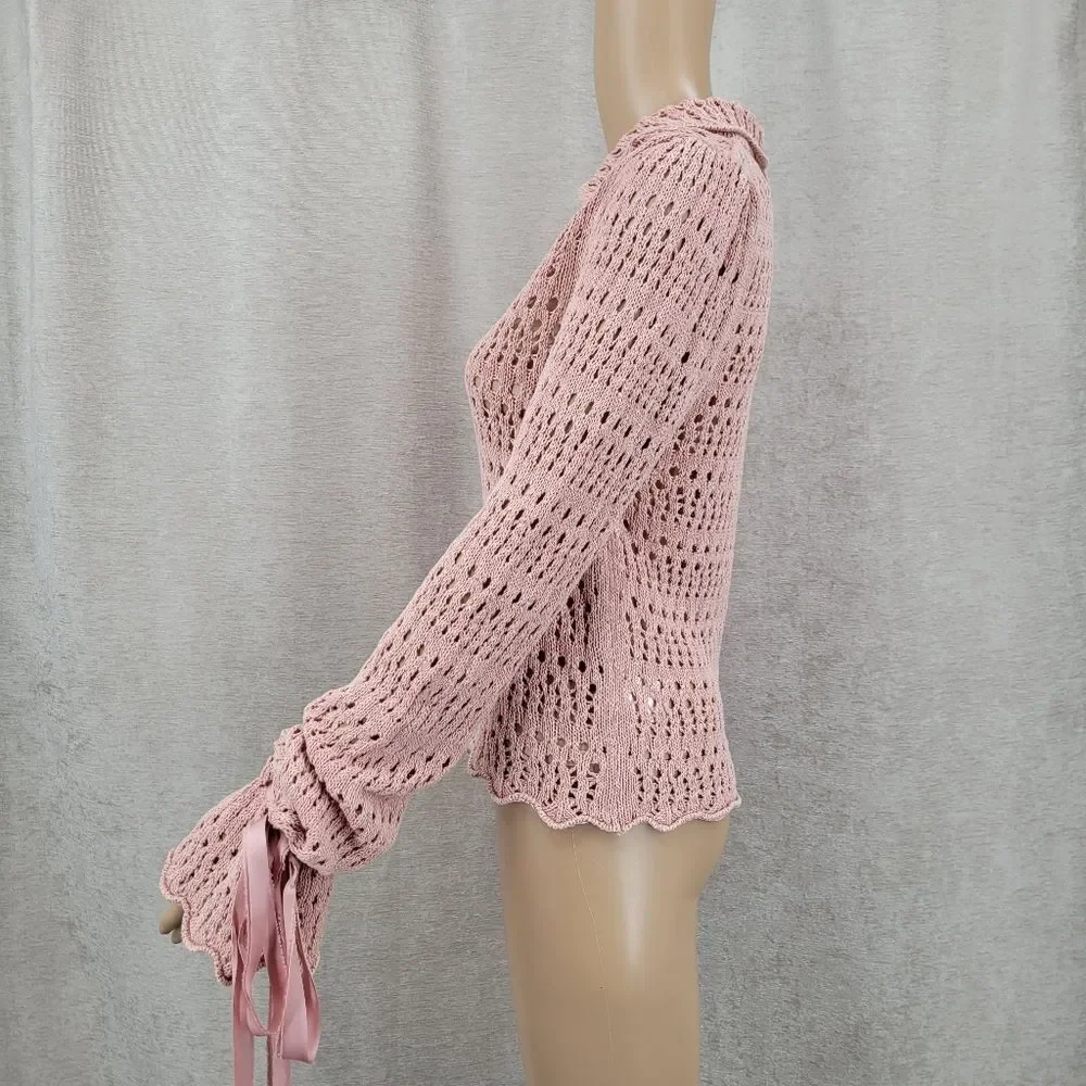 Free People Pointelle Pullover Mauve Rose Pink Crochet Button Up Women's Top NEW